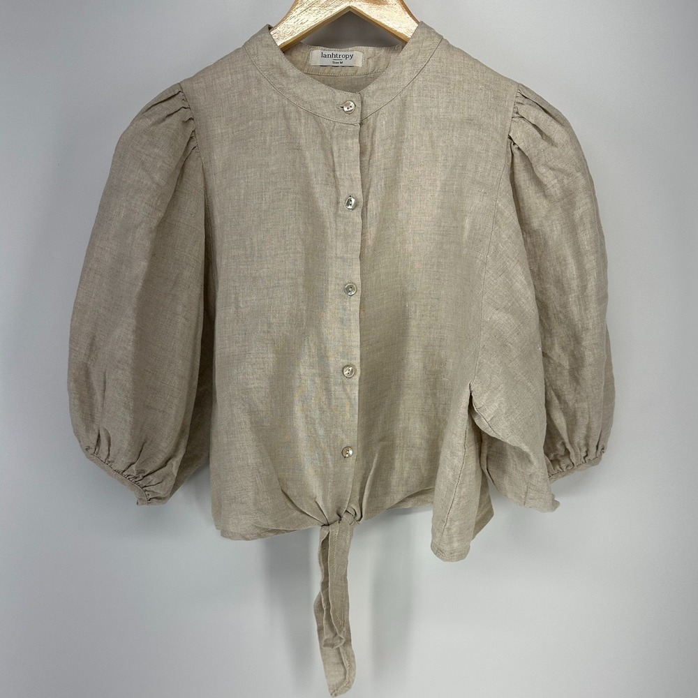 Lanhtropy Linen Puff Sleeve Top Women Medium Beige Tie Front Cropped Blouse Boho